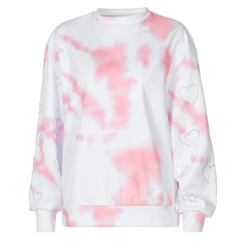 

2024 Woman Long Sleeve Tops Hoodies Heart Bronzing Diamond Valentine's Day Fashion Round Neck Tie-dye Loose Pullover Sweatshirts