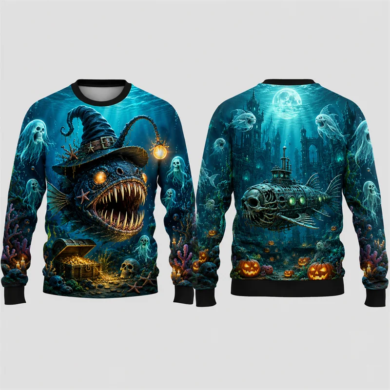 Men Crewneck Sweatshirt, Graffiti Pumpkin Ghost Spray Paint Spider Web Print Polyester Casual Pullover