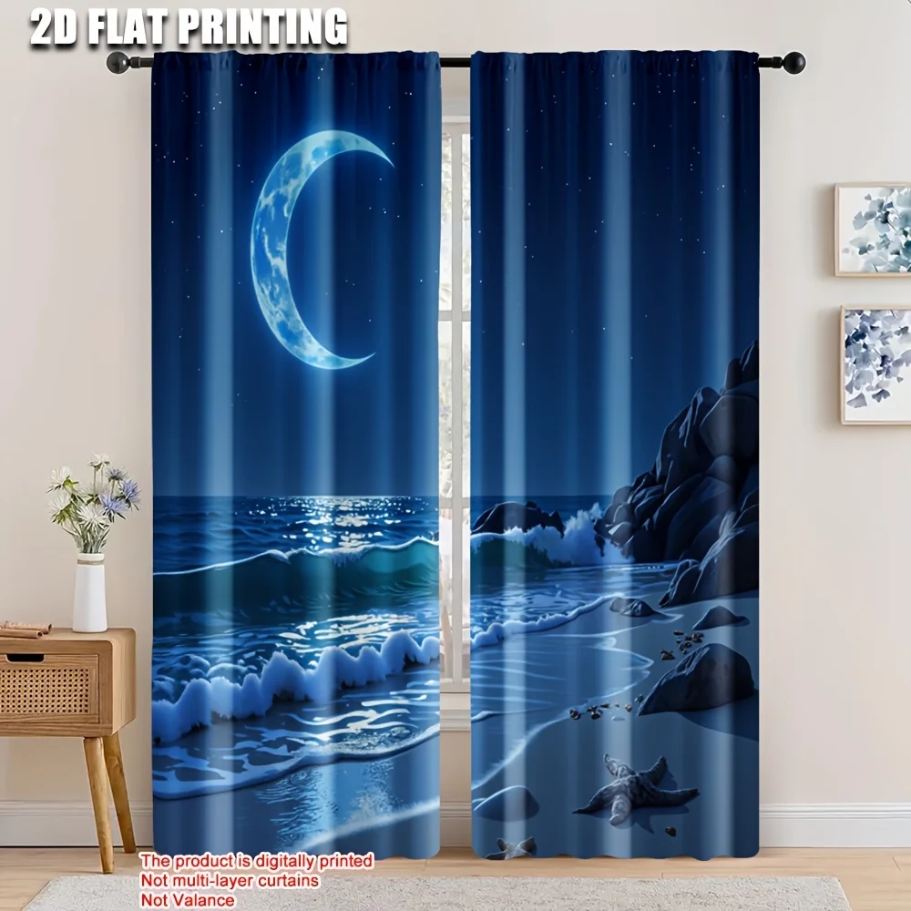 2pcs Night Sky Curtains – Starry Moon and Wave Design, Perfect for Bedroom Living Room and Summer Party Decor