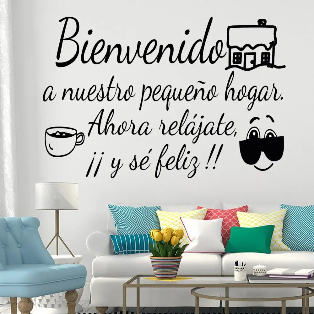 Calcomanías de pared Bienvenido A Nuestro Pequeño Hogar, pegatinas con citas en español, póster de vinilo extraíble, decoración del hogar, Mural para sala de estar RU2153