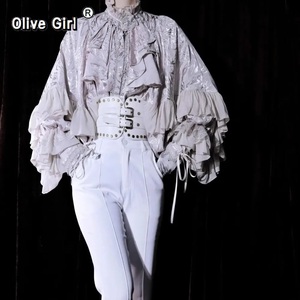 

Olive Girl High Street New Y2K Goth Shirt Lace Up Ruffles Print French Style Punk Blouses Trendy Streetwear Fairycore Blusas