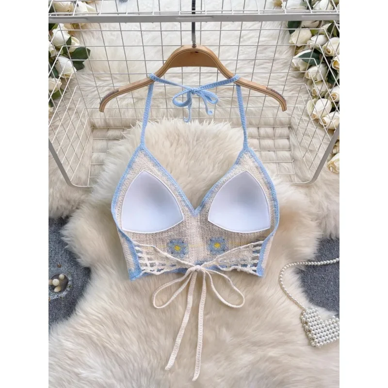 قميص قصير بوهيمي بنمط عطلات كلاسيكي للنساء ، زهرة خطاف ، خليط ملون ، شاطئ البحر متعدد الاستخدامات ، تعليق العنق ، قمة عصرية مثيرة للسرة