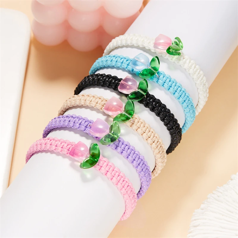 Korean Sweet Tulip Bracelet for Women Fashion Flower Handmade Braided Rope Adjustable Bracelets Friendship Party Jewelry Gifts