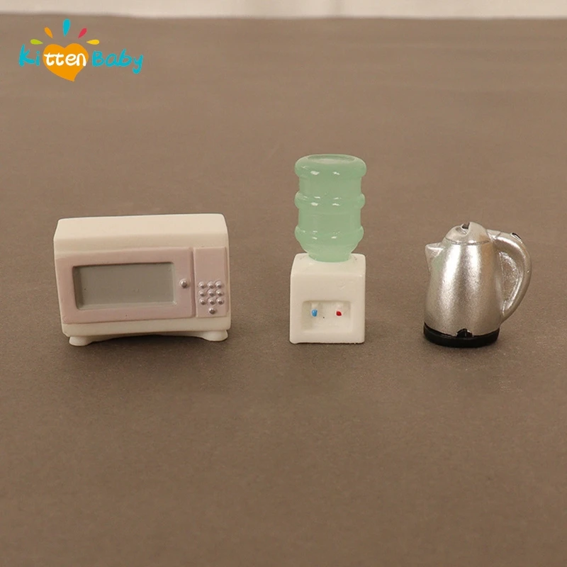 Mini Microwave Water Dispenser Kettle Set 1:12 Dollhouse Miniature Model Kitchen Home Decoration Crafts Toy for Kid Pretend Play