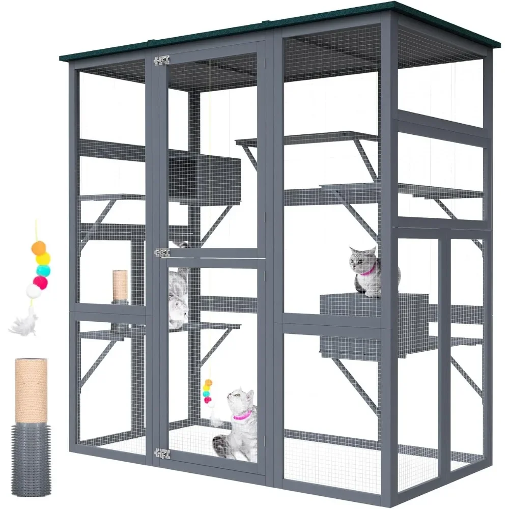 

Large Walk-in Cat Cage - Outdoor/Indoor Catio for Multiple Cats with Waterproof Roof, 5 Platforms, 2 Resting Boxes