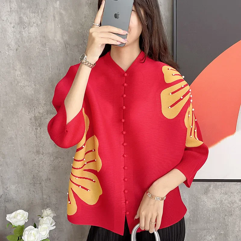 

Miyake Printed New Cardigan Top Korean Version Fresh Pleated Nail Bead Loose Fashionable Batwing Sleeve Slimming Shirt 2024