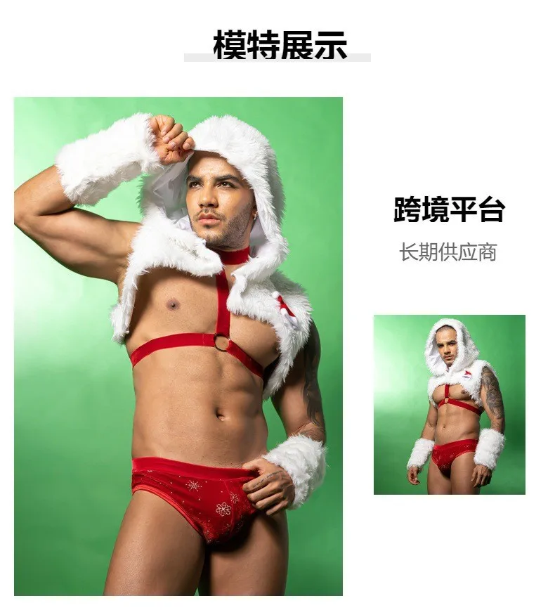 Kerst Sexy Mannen Ondergoed Rode Lingerie set Wit Bont Hoodie Top Elastische Band Nachtclub Pole Dance Stage Performance Nieuwjaar