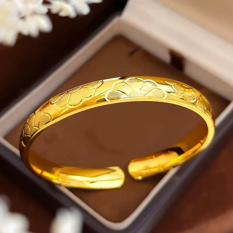 24k 9999 Pure gold French vintage light luxury design glossy daisy open bangle bracelet