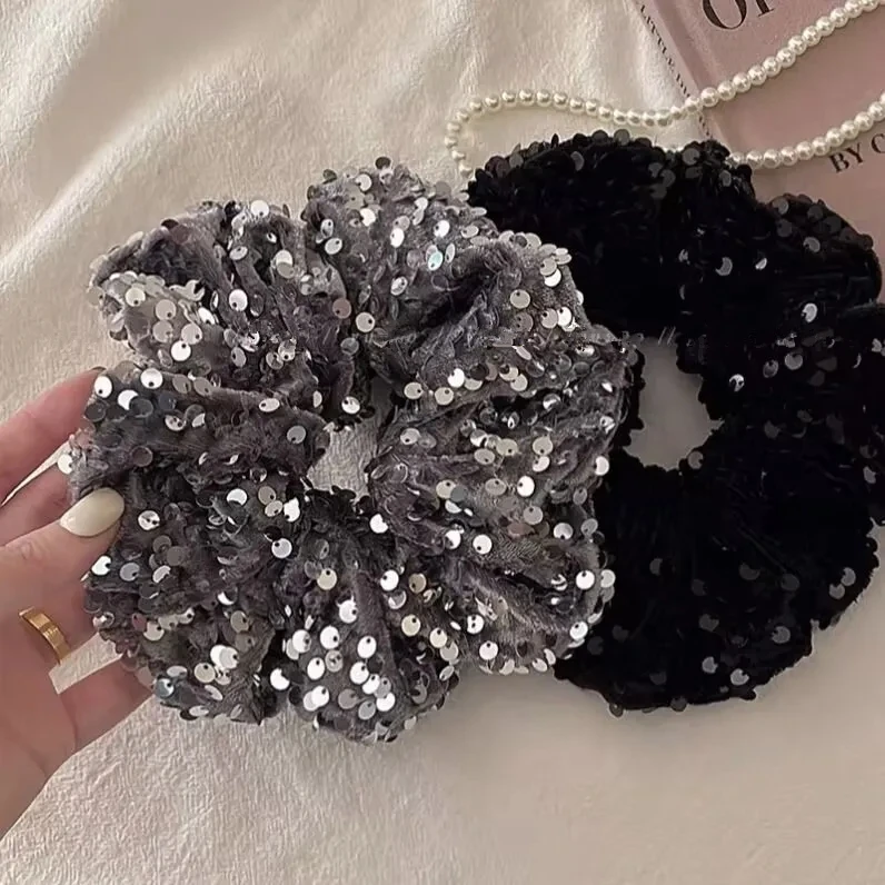 NEW Velvet Sequin Hair Scrunchies For Women Black Hairband Girls Head Rope High Ponytail Durable Loop Hair Accessories