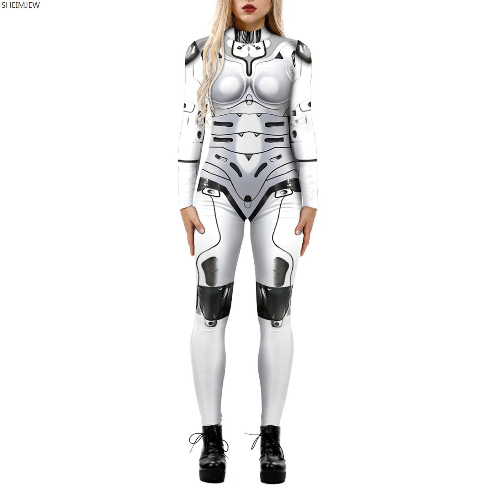 Halloween Costume Romper Long Sleeve Women's Turtleneck Simulation 3D Printing Robot Zip Bodysuit Full Body Bodysuit