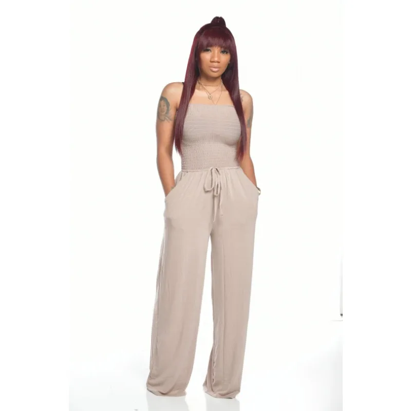 Solid Color Wide Leg Pants With Minimalist Commuting Style High Waisted Off Shoulder Jumpsuit For Women