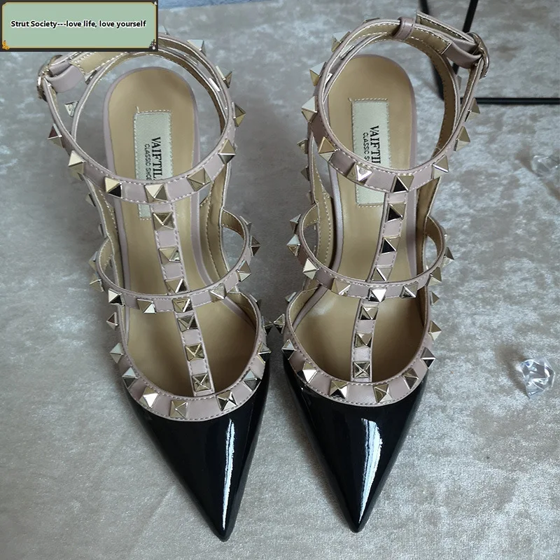 

Women 2025 Summer Luxury Punk Metal Rivet High Heels Gladiator Pointed Toe Stiletto Sandals Elegant Sexy Party Shoes