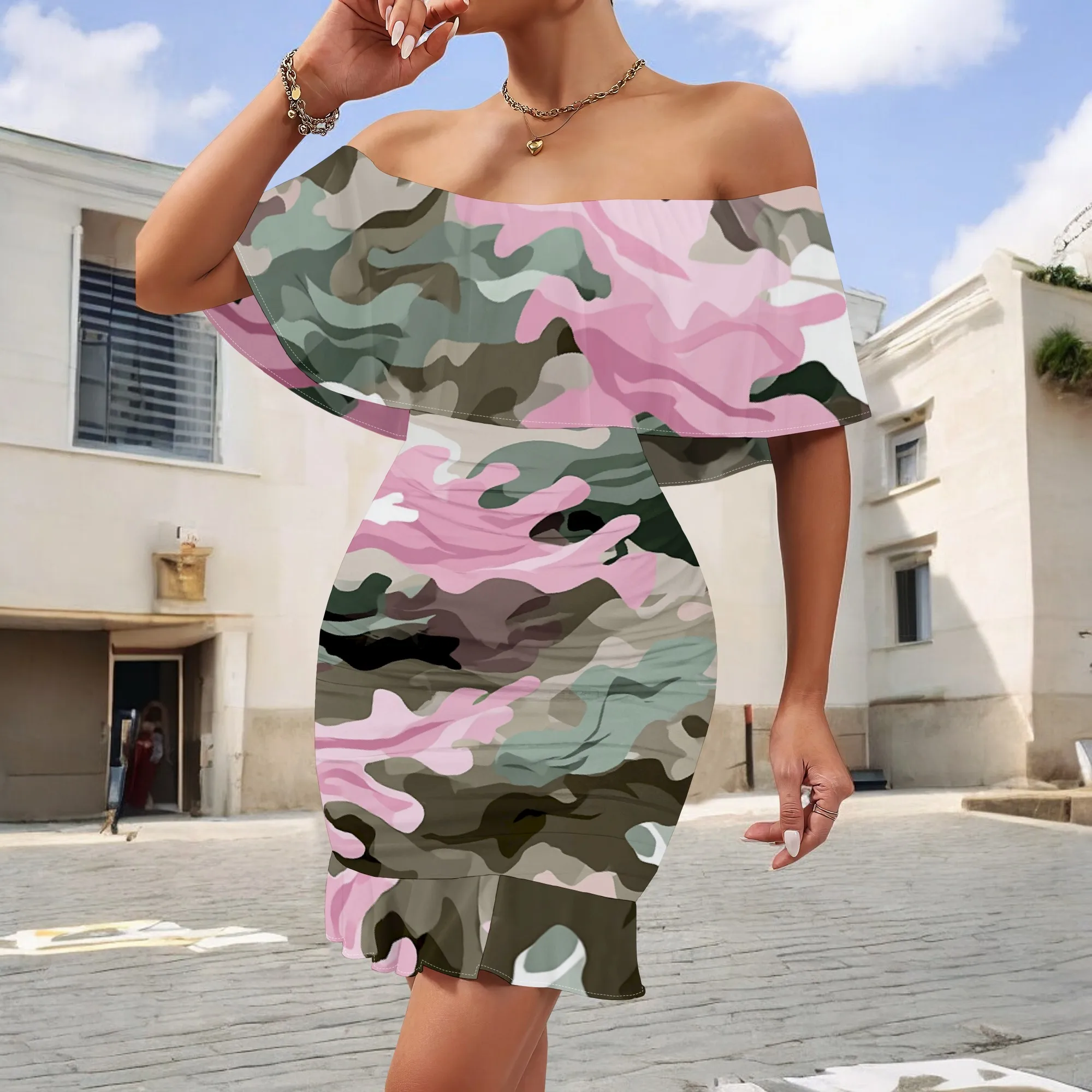 

Pink Camo Off Shoulder Mini Dress S-3XL Ruffle Hem Bodycon Style for Summer Beach Vacation, Music Festival or Party Look