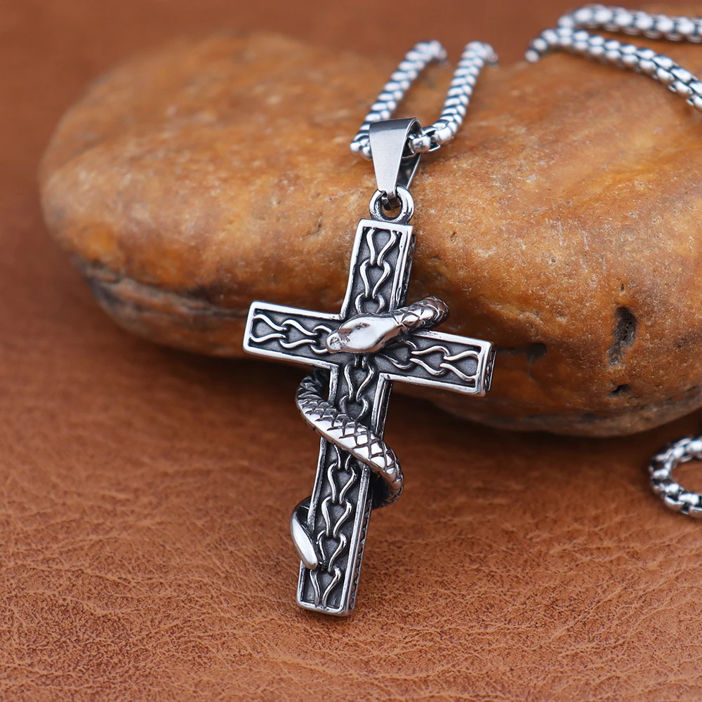 

Gothic Religious Creative Snake Cross Neckalce for Men Gift Stainless Steel Vintage Punk Snake Pendant Halloween Amulet Jewelry