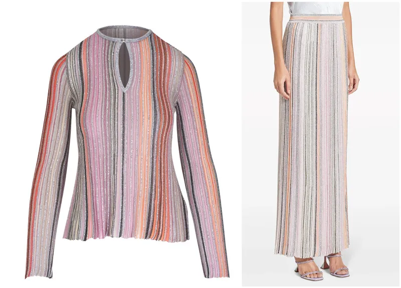 

Women Metallic Sequined Striped Long Sleeve Knit Top+ Elastic Waist Long Skirts Sets