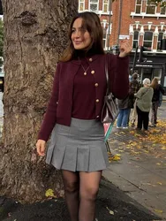 HH Autumn Women Elegant Burgundy O-neck Knitted Cardigan Fashion Metal Buttons Long Sleeve Sweater Female Casual Outerwear