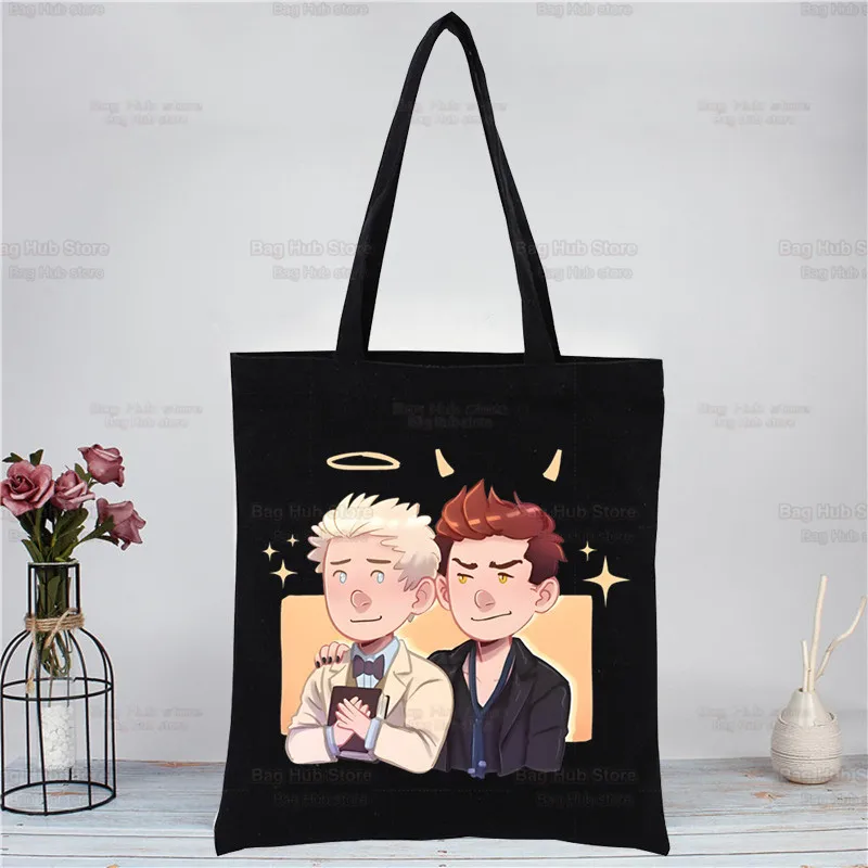 Good Omens Crowley inefable David bolso de lona para mujer, bolso de hombro de algodón para compras, bolsos de mano para mujer