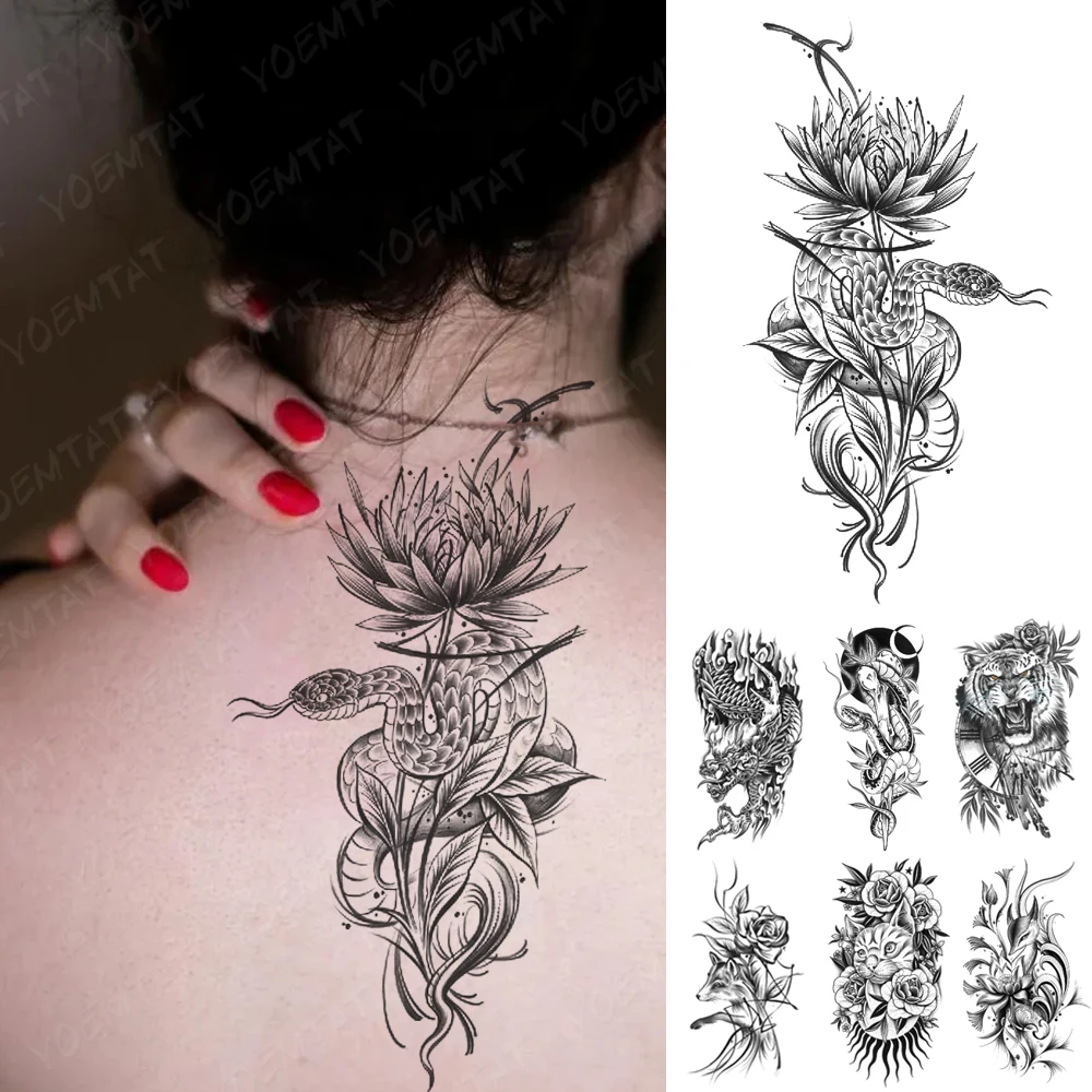 

Black Snake Waterproof Temporary Tattoos Sticker Cobra Lotus Leaf Line Sexy Transfer Tattoo Body Art Fake Tatoo Arm Leg Women Me