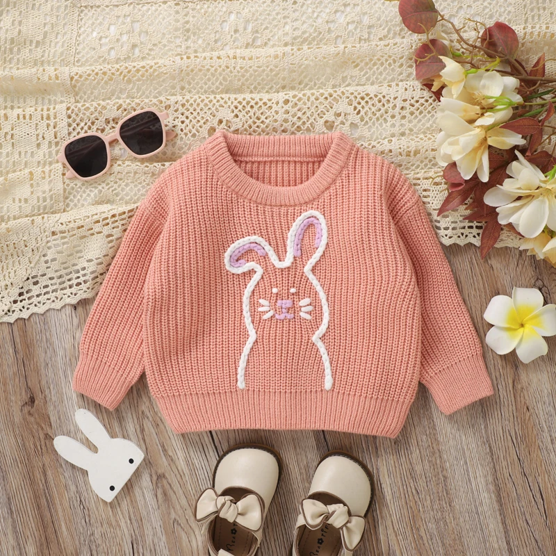 6M-4Y Toddler Baby Easter Sweaters Cute Bunny Embroidery Long Sleeve Crew Neck Knitwear Pullover Tops