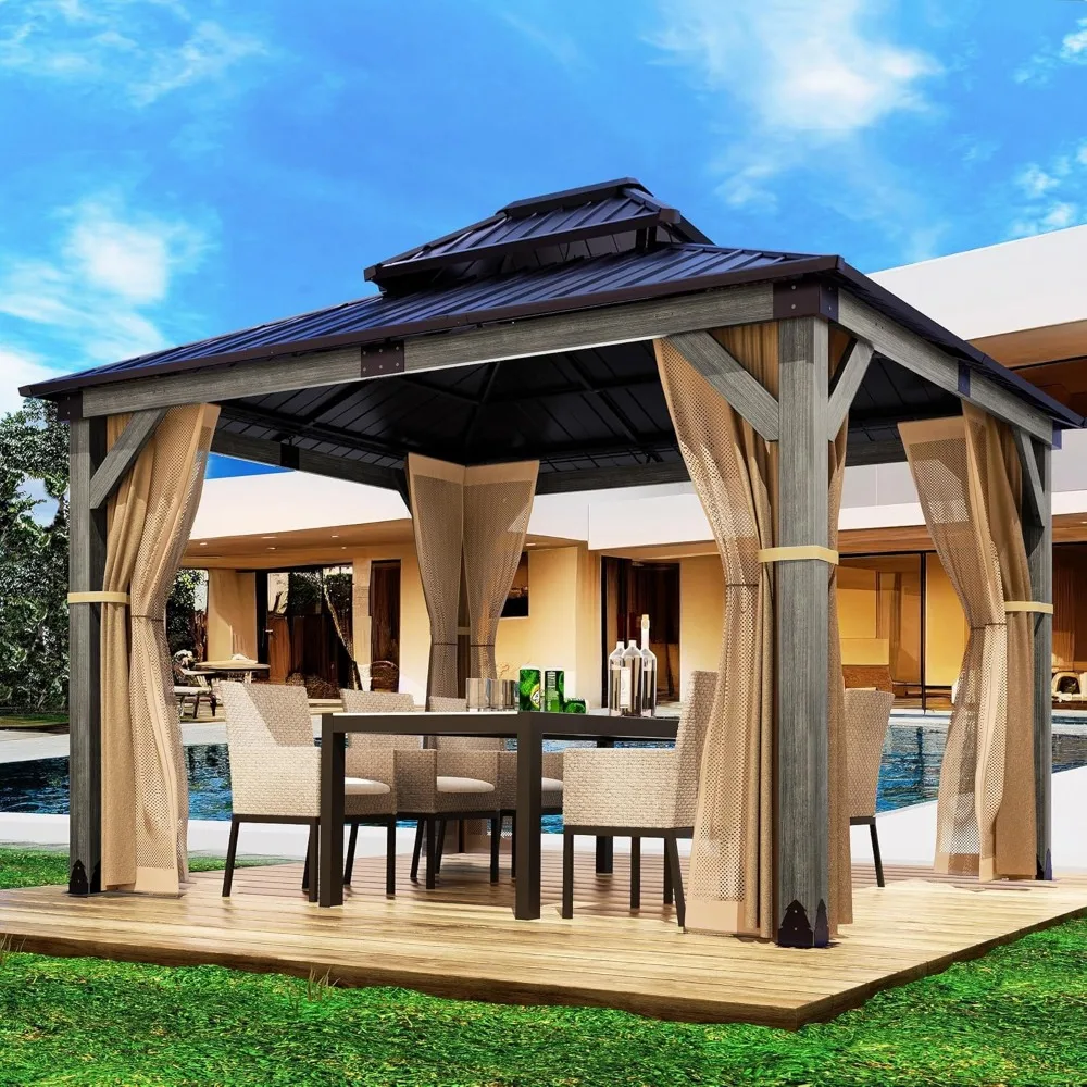 

10x12 FT Hardtop Wood Gazebo, Cedar Wood Frame Gazebo with Netting & Curtains, Wooden Gazebos Pavilion for Backyard, Garden