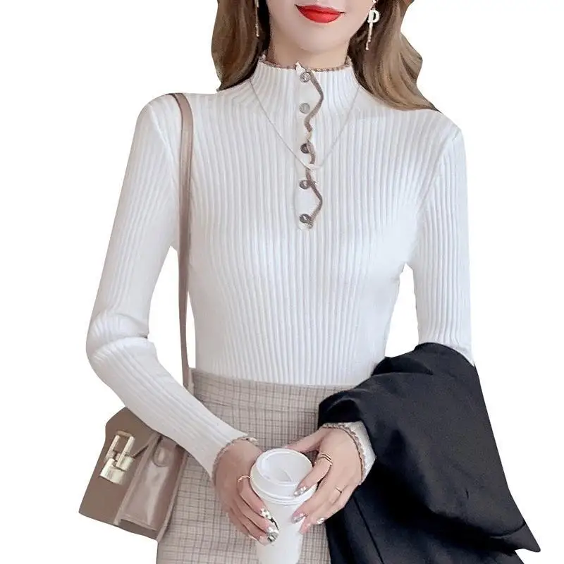 Women Autumn Korean New Half High Neck Pullover Knitted Commuter Fashion Solid Button Sweater Casual Versatile Long Sleeved Tops