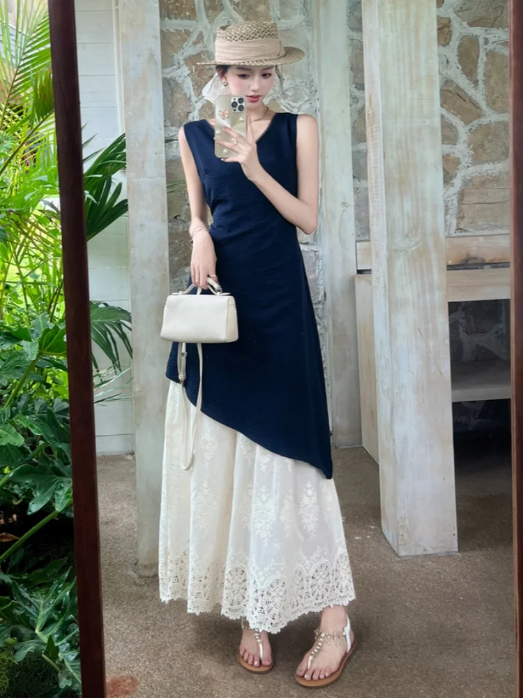 SMTHMA coreano Chic Sexy cuello en V sin mangas vestido Irregular de las mujeres de encaje empalmado cintura delgada falso vestidos largos de dos piezas