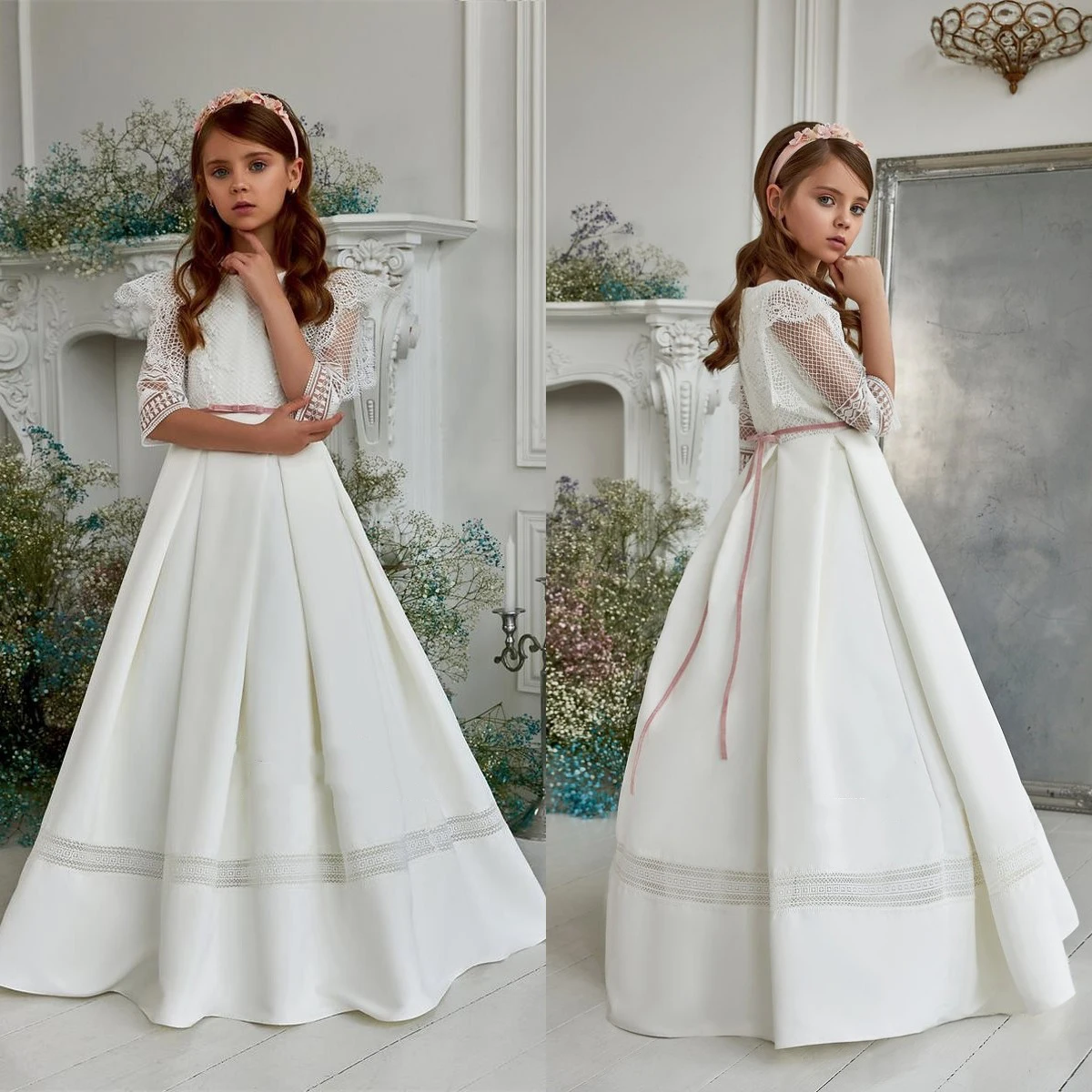 Vestido Boho White Flower Girl para casamento, cetim elegante, renda de meia manga, vestido de baile infantil, vestido de primeira comunhão