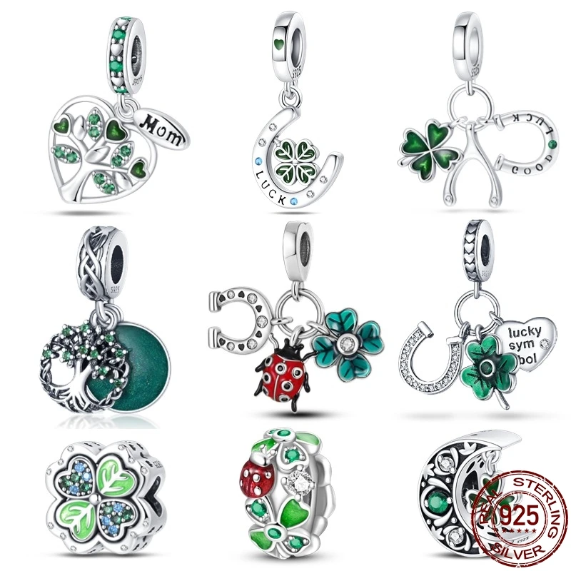 100% Real S925 Sterling Silver Green Series Lucky Four Leaf Clover Beads Fit Pandora Bracelet DIY Fashion For Women Jewelry Gift