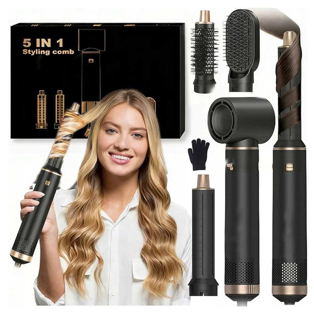 5-in-1 Professioneller Haartrockner Glätteisen Lockenstab 1000W Elektrischer Kamm Haartrockner-Bürste Heißluft-Volumen-Lockenwickler Haarstyling-Set