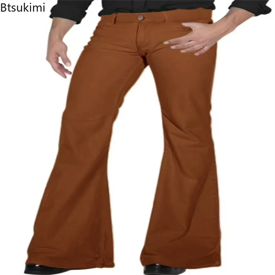2026 Fashion Men's Vintage Disco Flared Pants Solid Stretch Slim Fit Trousers H… - Image 4