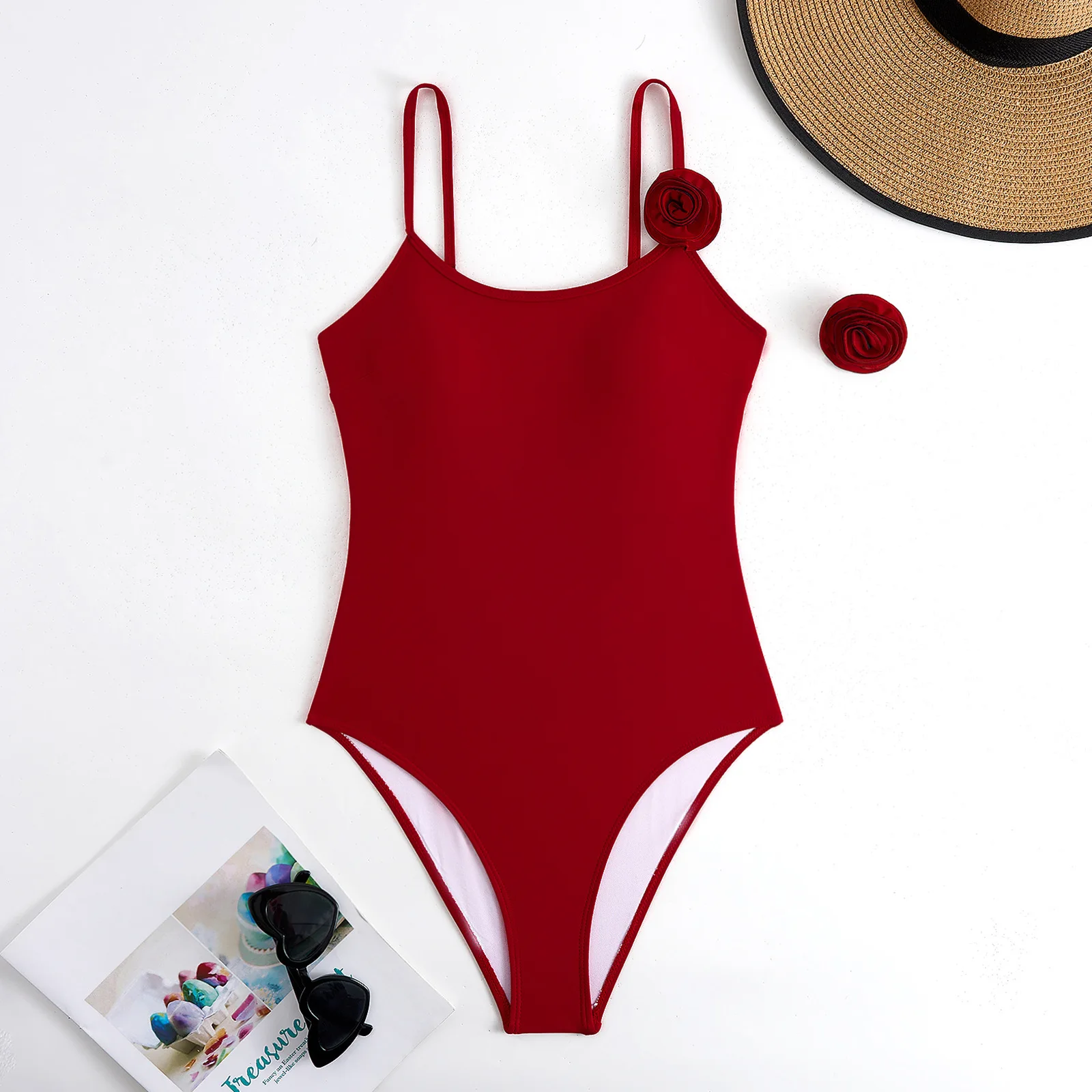 2024 New 3D Floral One Piece Swimsuit with Cover Up Set Women Shoulder Tie Swimwear Retro Bathing Suit Beach Bodysuit Beach Wear