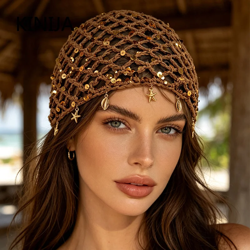 Fashion Hollowed Out Woven Pullover Hats Crochet Breathable Cap Starfish Shell Fringed Retro Beanies Cap Women Summer Versatile