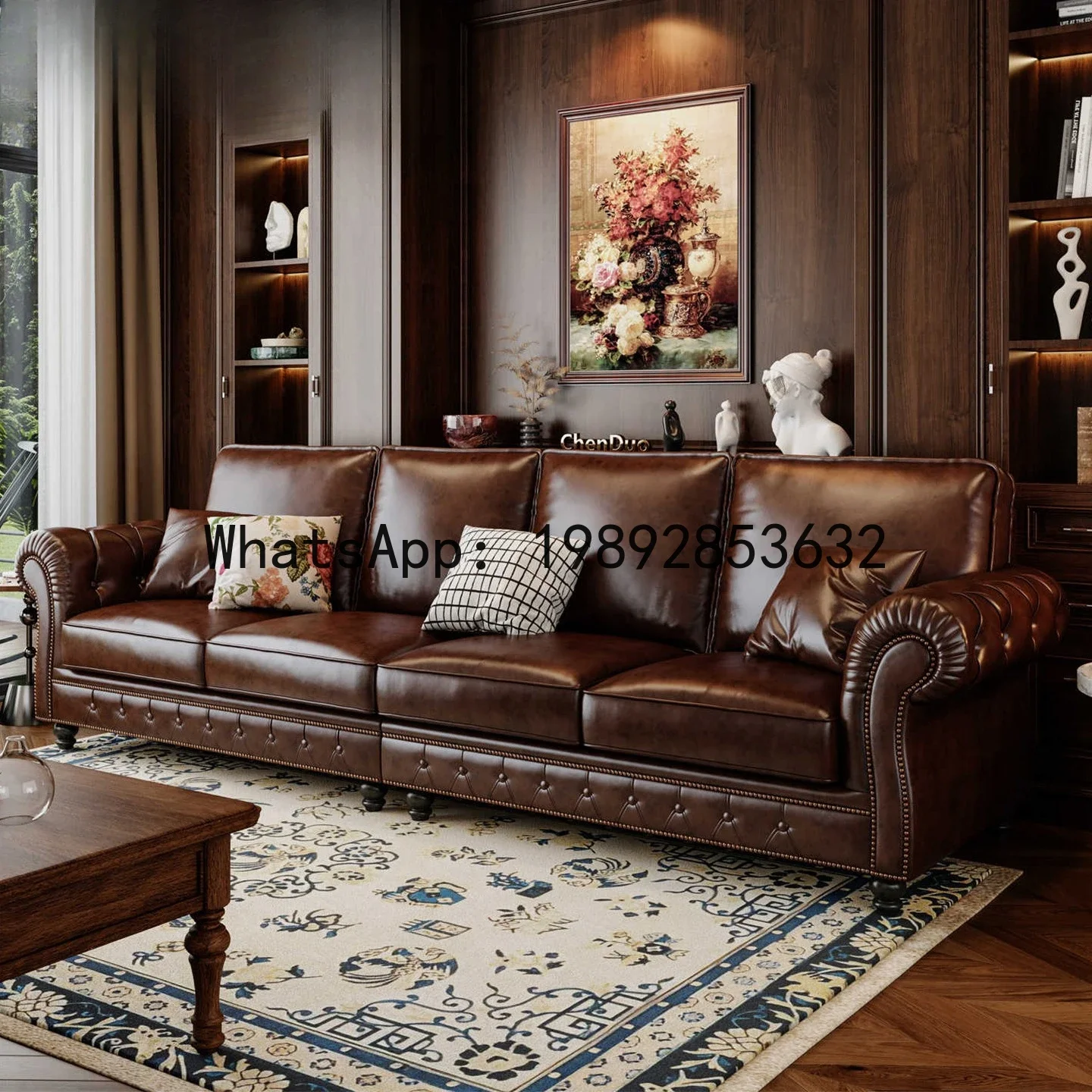 

4-10 genuine leather sofa, living room 3-4 seater sectional, vintage oil wax leather brown straight sofa