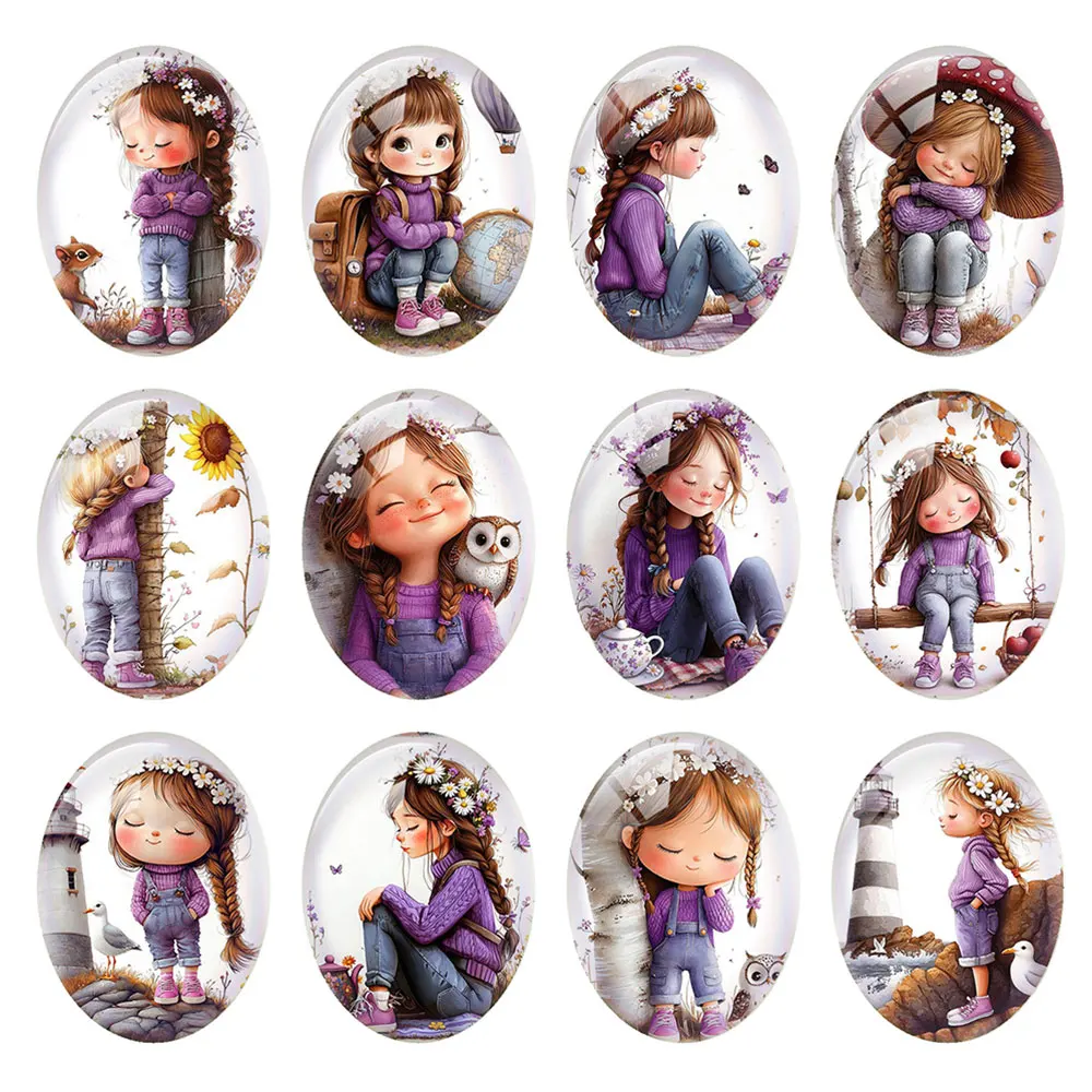 Random Mixed Round/Oval/Square Purple Sweater Braid Forest Girl Photo Glass Cabochon Flatback Demo Cameo For Diy Jewelry Making