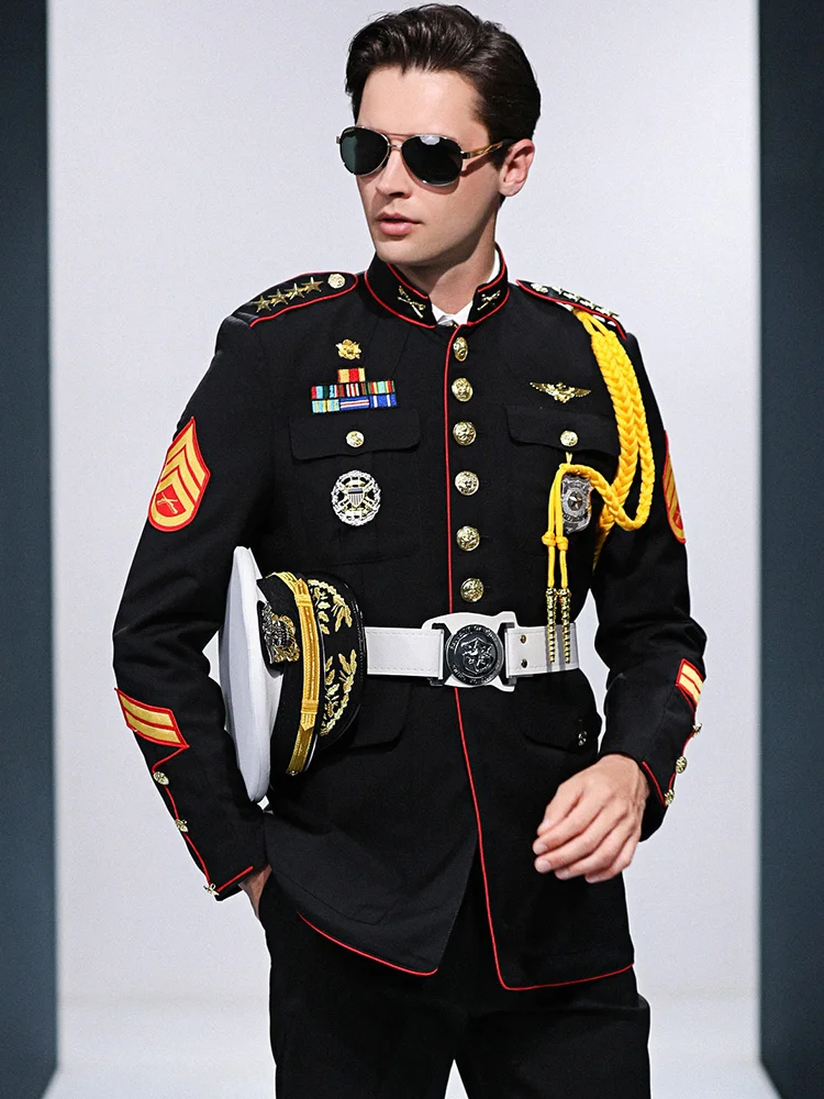 Navy Officer Costume Captain Uniform Seaman Sailor Jacket Mariner Black Stand-up Collar Security Guard Concierge Work Clothes