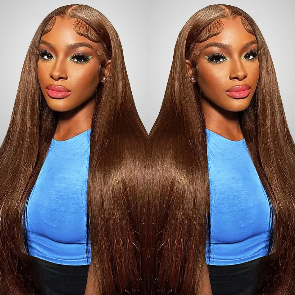 密度220のチョコレートブラウンストレート人毛ウィッグ、13x6 HD透明レースフロント人毛ウィッグ、女性用ブラジリアンヘアウィッグ