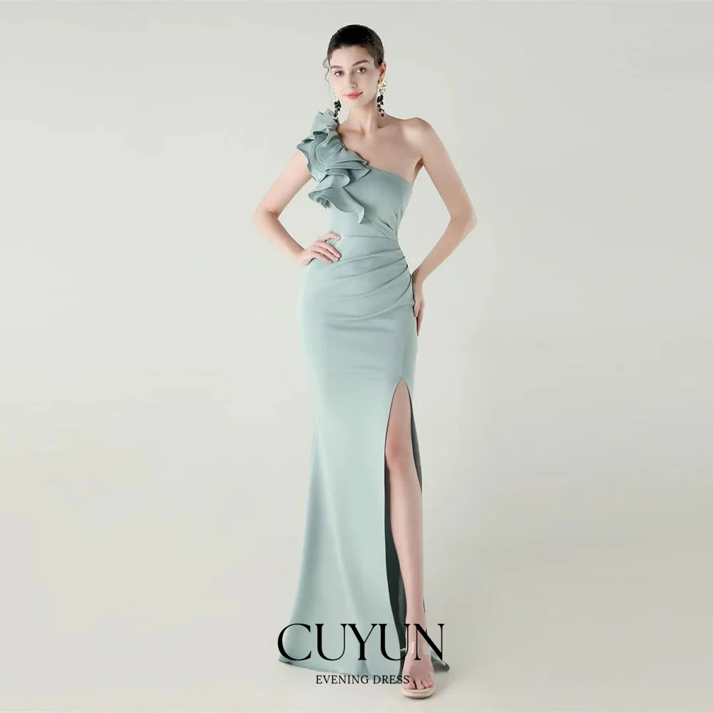 CUYUN مخصص تكدرت الأزهار واحد الكتف الساتان حزب فساتين الجانب عالية الشق مثير ثوب مسائي شبه حورية البحر فستان حفلات #1
