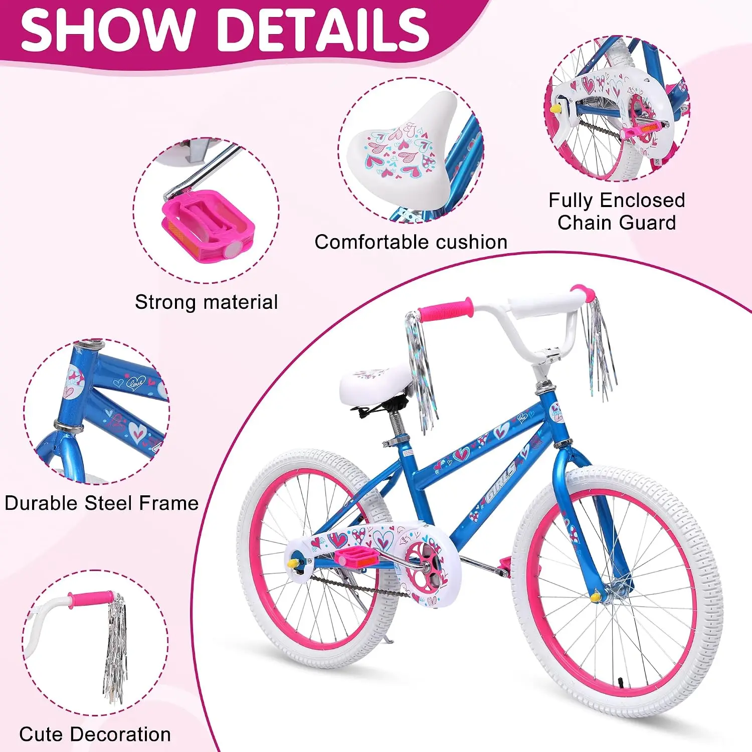Girls Bike 18 20 Inch, Kids Bicycle with Removable Training Wheels, Streamers, Coaster Brake, Free Balance to Pedal, Easy Learning, Multiple Colors for 3-12 Year Olds