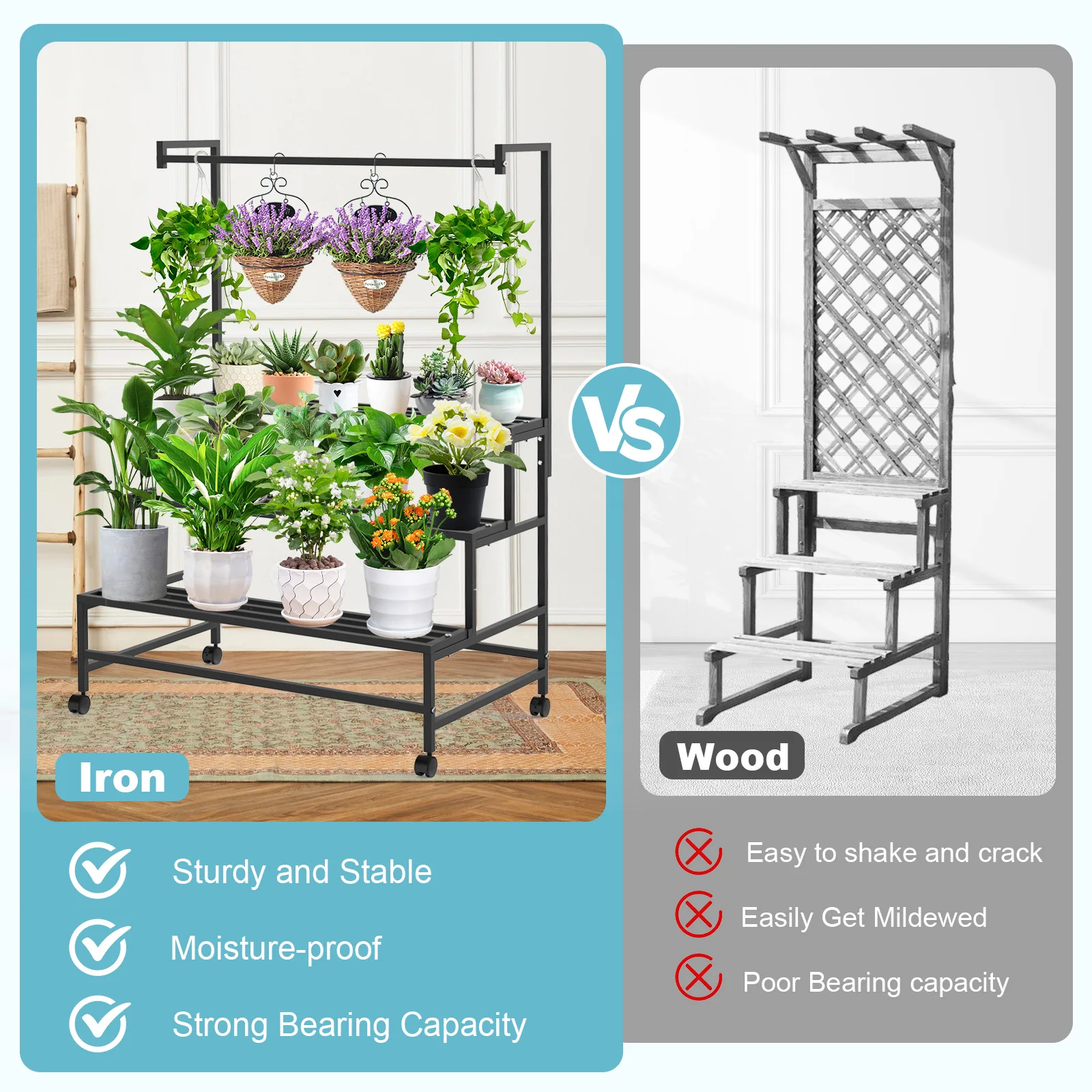 Plant Stand with Wheels Heavy Duty Metal 3-tier Ladder Hanging Shelf Holder Storage Pot Rack Plant Organizer Living Room Garden