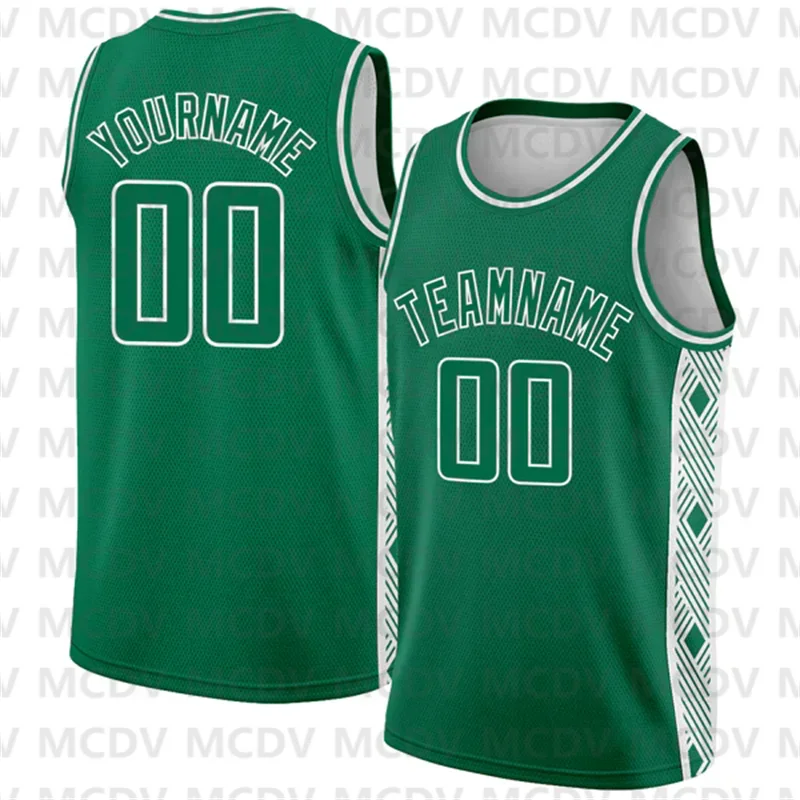 

Custom Kelly Green White Geometric Shapes And Side Stripes Edition Basketball Jersey