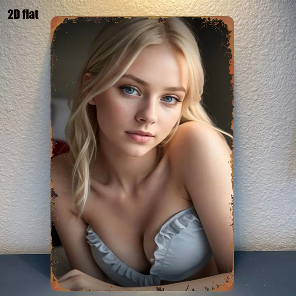 （2D Tin painting）HD Metal Tin Sign Elegant Blonde Woman in Gray Ruffled Bustier Vintage Wall Art Decor for Bedroom Home Retro