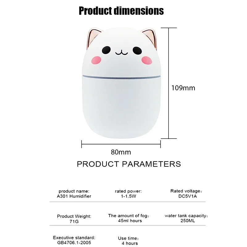 Umidificatore d'aria da 250ml diffusore di aromi Kawaiil carino con luce notturna nebbia fredda per camera da letto casa piante per auto purificatore Humificador