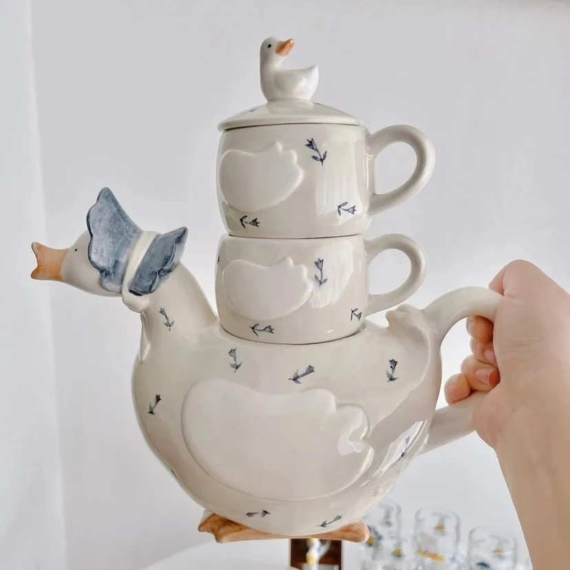 

Japanese Style Cute Duck Mother with Boy Boy Vintage Tableware Teapot Cup Creative Set