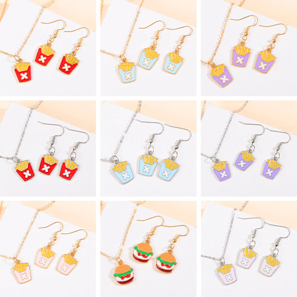 Cute Food Accessory Funny Enamel French Fries Hamburg Pendant Earring Necklace Gold/Silver Color Jewelry Set for Kids Gifts