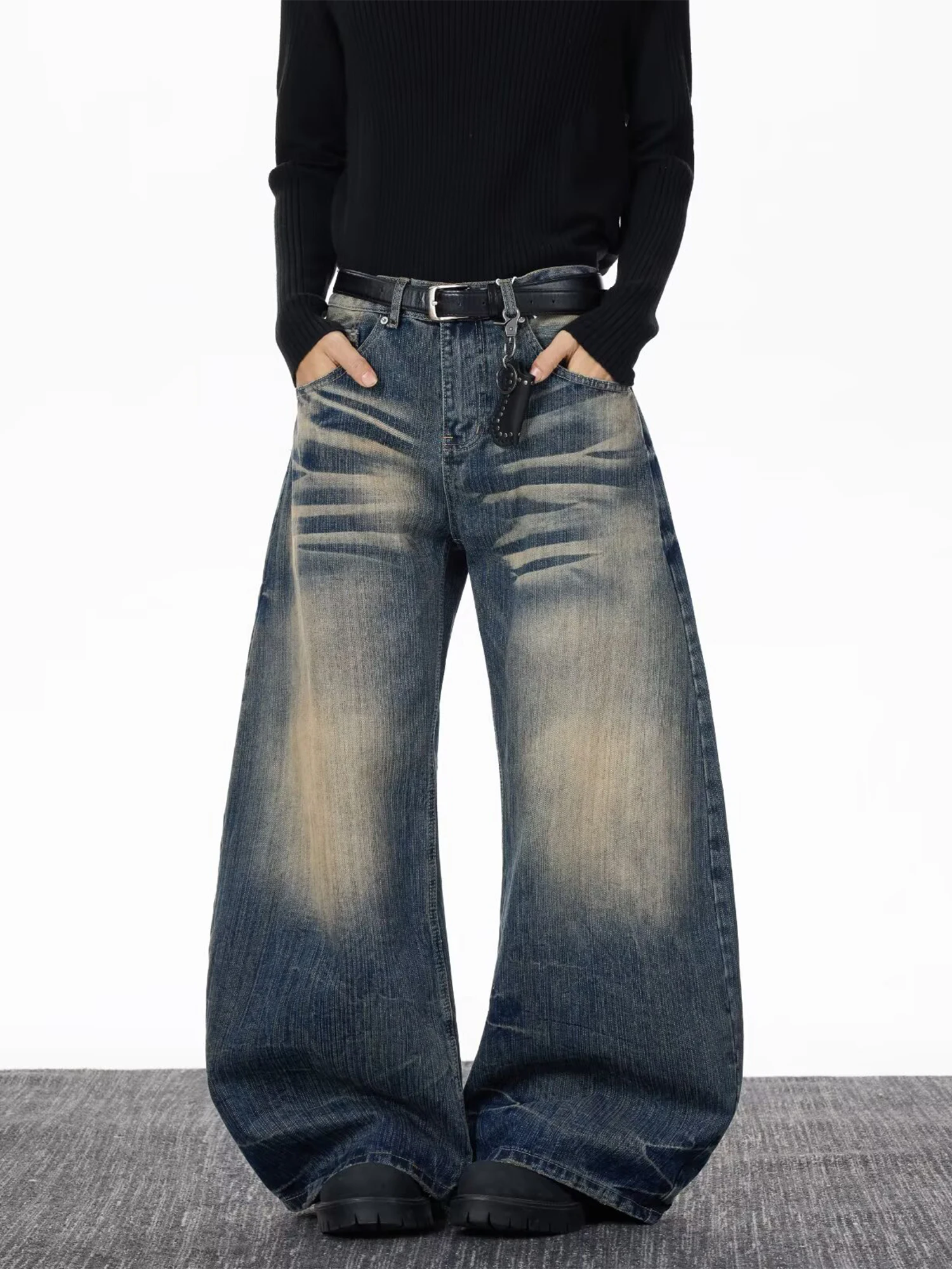 

Loose Men's Denim Jeans High Street Lightning Pattern Autumn Winter Fashion Bend Knife Pants American Style Wide Leg Long...