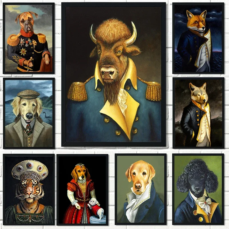

Nordic Vintage Noble Animals Poster Dog Cat Tiger Portrait Canvas Painting Wall Art Print Animal in a Suit Picture Home Decor