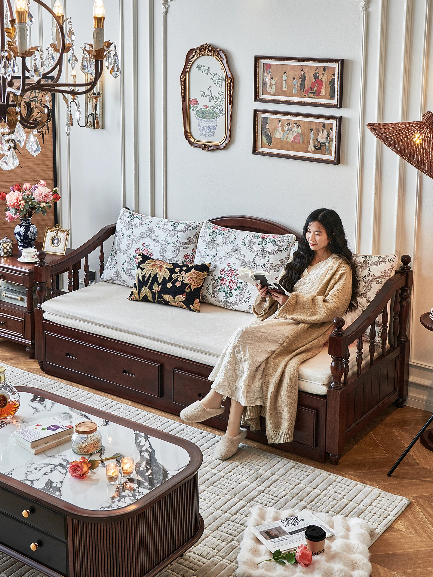 LMM solid wood sofa bed with drawers living room study two-in-one dual-purpose telescopic pull-out bed