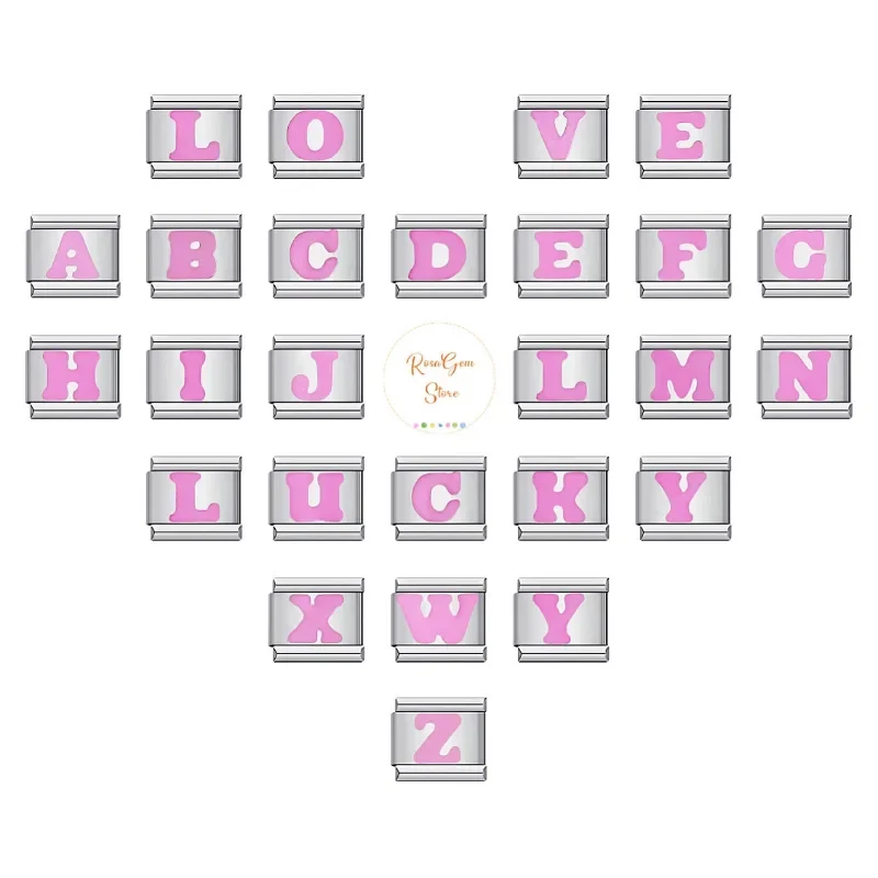 2024 novo aço inoxidável rosa 26 letras em inglês diy módulo italiano 9mm pulseira emenda charme auto vestindo corrente de mão presente