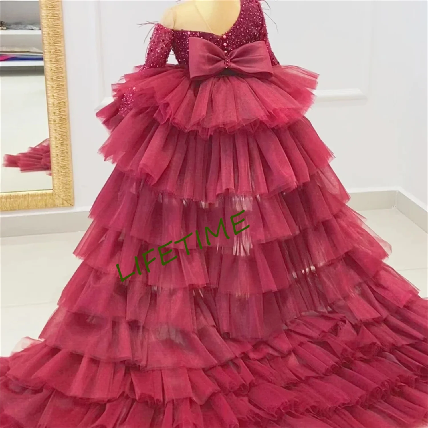 Vestidos De Menina De Flor Rosa Para Festa De Casamento, Princesa Grânulos De Renda, Vestidos De Concurso De Meninas Floral 3D Appliqued