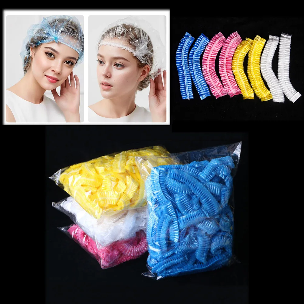 100/300pcs Disposable Plastic Shower Cap Elastic Disposable Shower Caps Anti Dust Waterproof Hat  Hair Salon Beauty Accessories